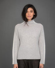 High Neck Cashmere Jumper with Striped Sleeves in Grey